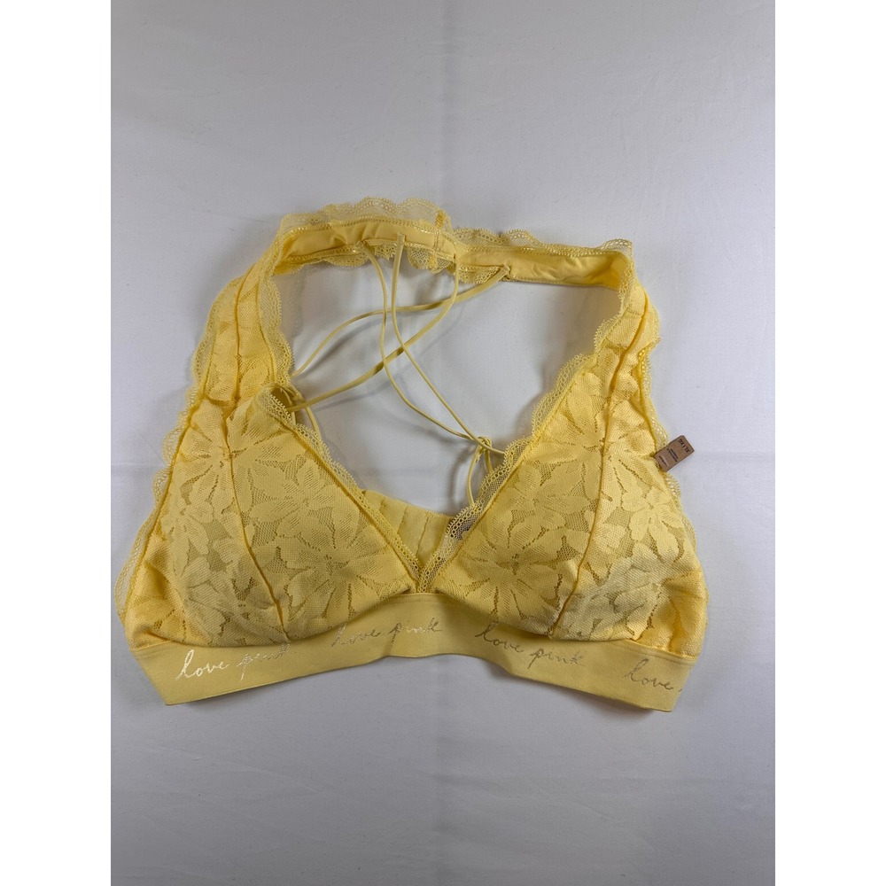 Victoria's Secret PINK Yellow Floral Lace Bralette Strappy Caged Back XL